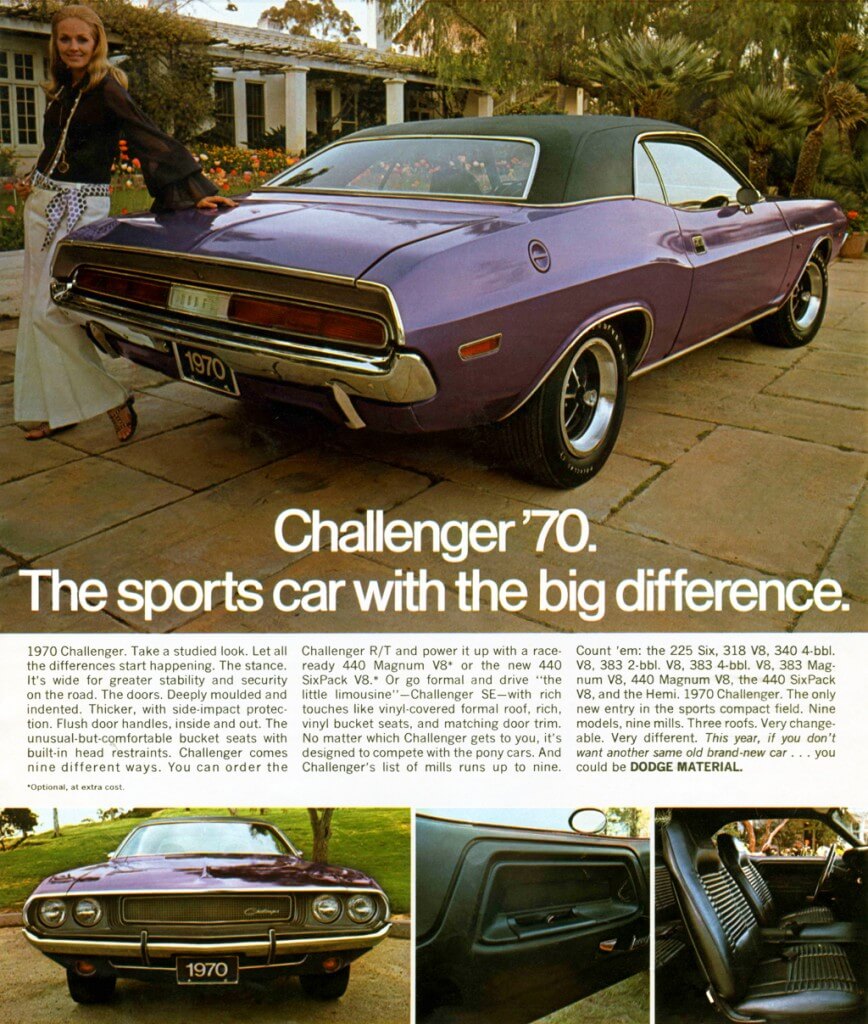 Ad featuring the front end of the 1970 Dodge Challenger (Chrysler Archives)
